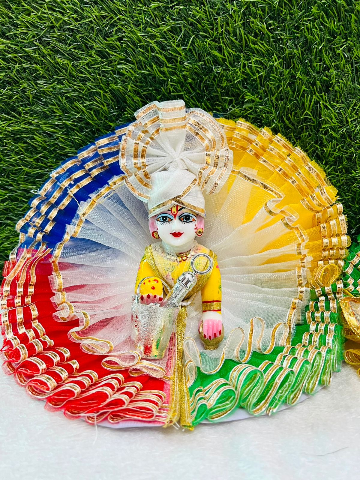 Laddu Gopal Ji Beautiful White Multi Frill Dress With Pagri And Balti Pickari Festival Special Holi , Janmashtami Special
