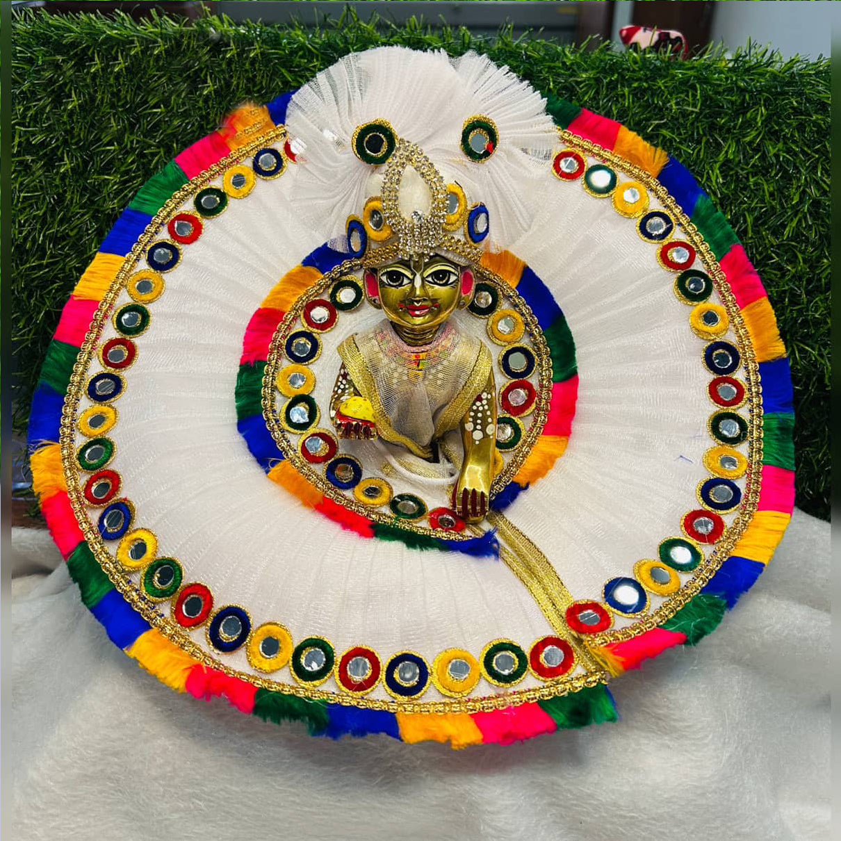 Laddu Gopal Ji Beautiful White Multi Lace Dress With Pagri Festival Special Holi , Janmashtami Special