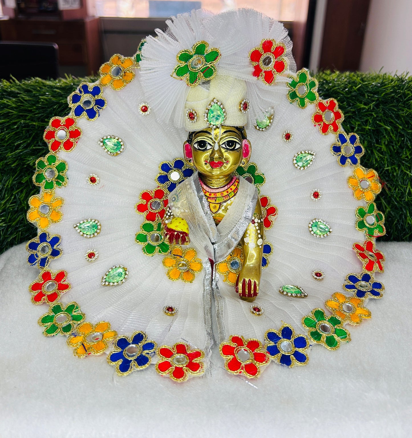 Laddu Gopal Ji Beautiful White Dress Printed Lace With Pagri Festival Special Holi , Janmashtami Special