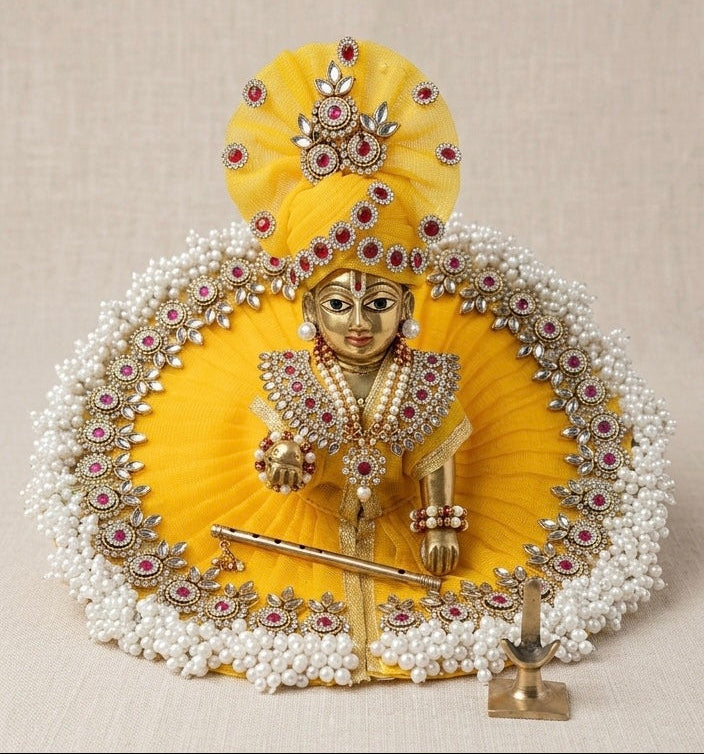 Laddu Gopal Heavy Fancy Yellow Dress With Pagri – Janmashtami Special Designer Outfit | Handmade Krishna Poshak