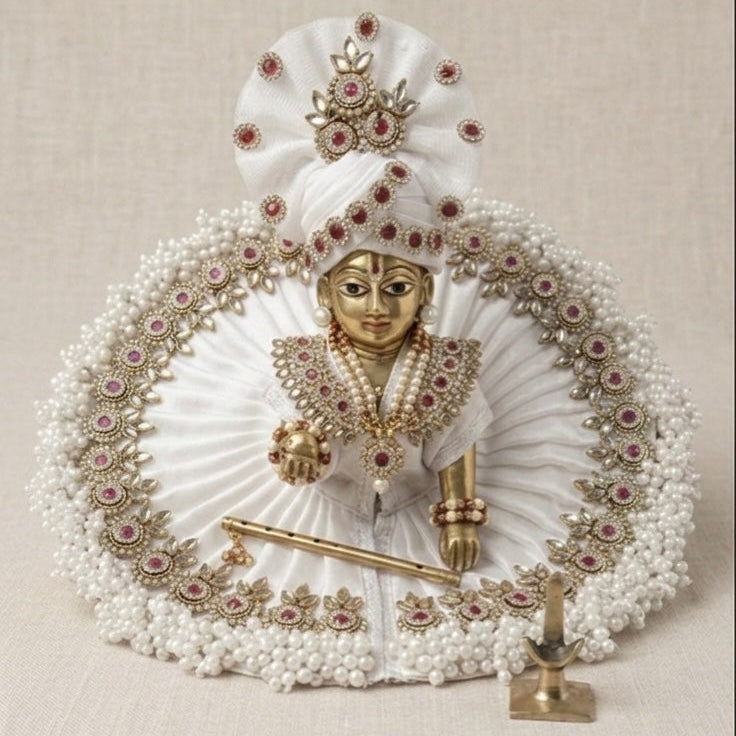Laddu Gopal Heavy Fancy White Dress With Pagri – Janmashtami Special Designer Outfit | Handmade Krishna Poshak
