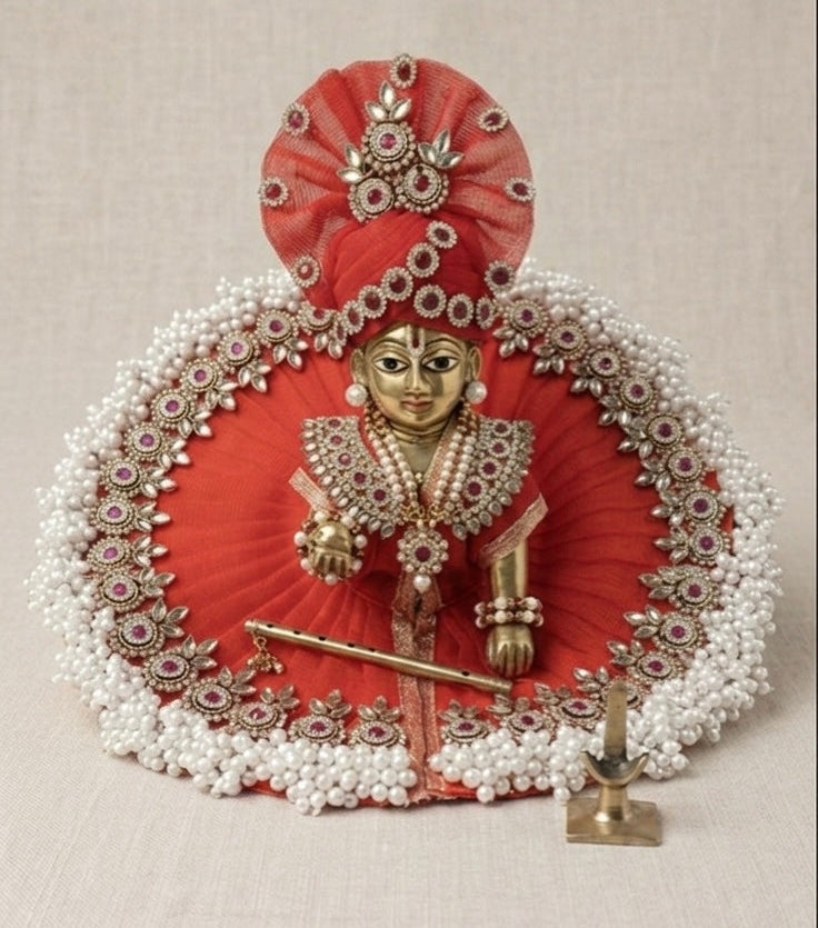 Laddu Gopal Heavy Fancy Red Dress With Pagri – Janmashtami Special Designer Outfit | Handmade Krishna Poshak