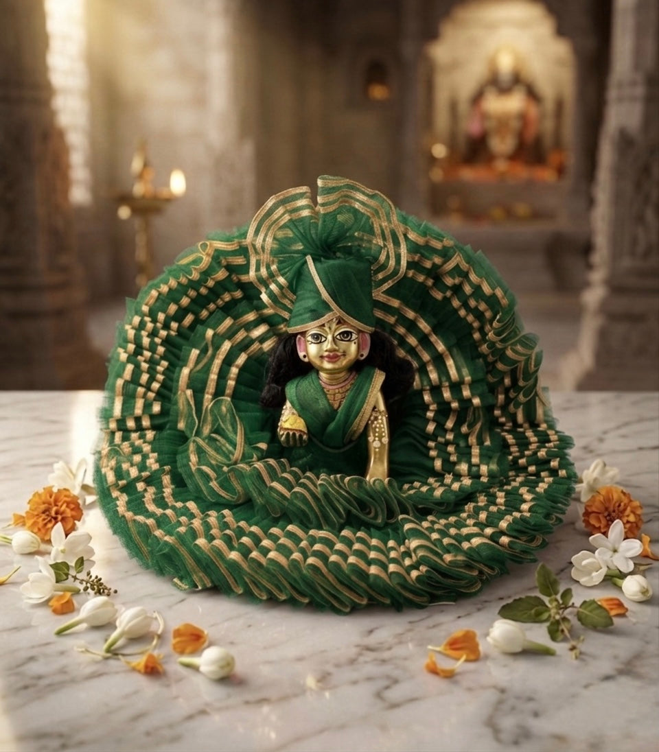 Laddu Gopal Ji Green Fancy Dress With Pagri – Janmashtami Special Designer Outfit | Handmade Krishna Poshak