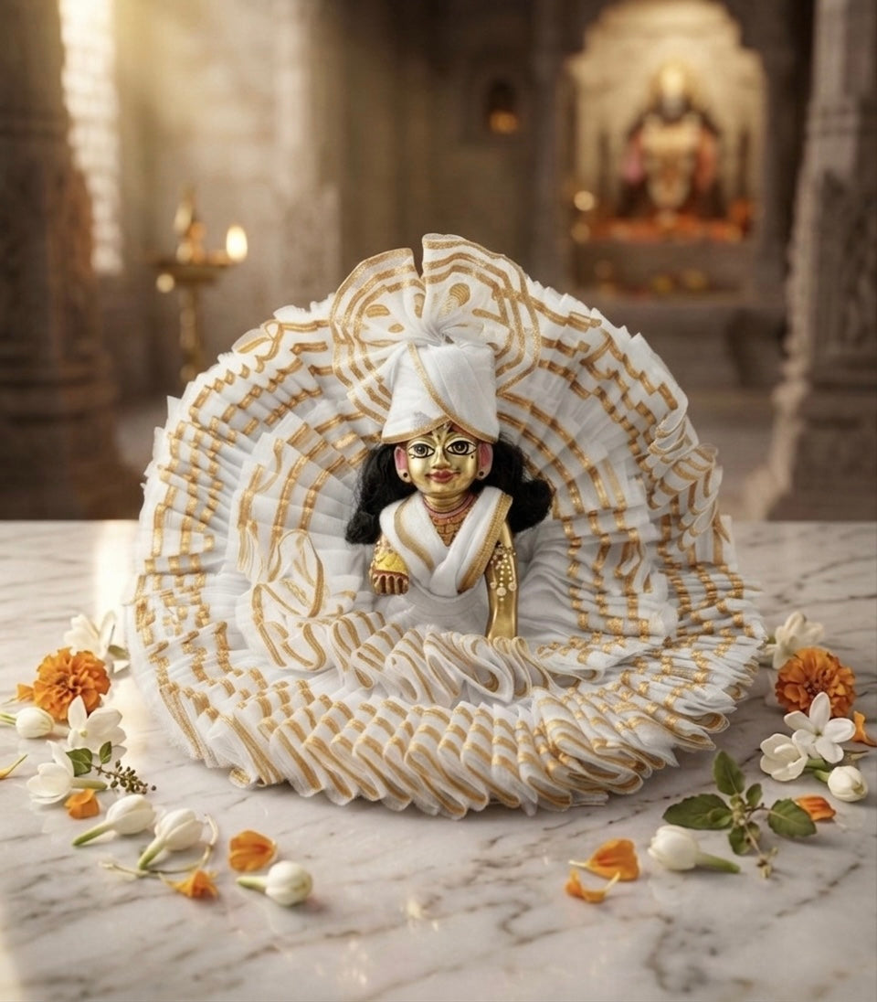 Laddu Gopal Ji White Fancy Dress With Pagri – Janmashtami Special Designer Outfit | Handmade Krishna Poshak