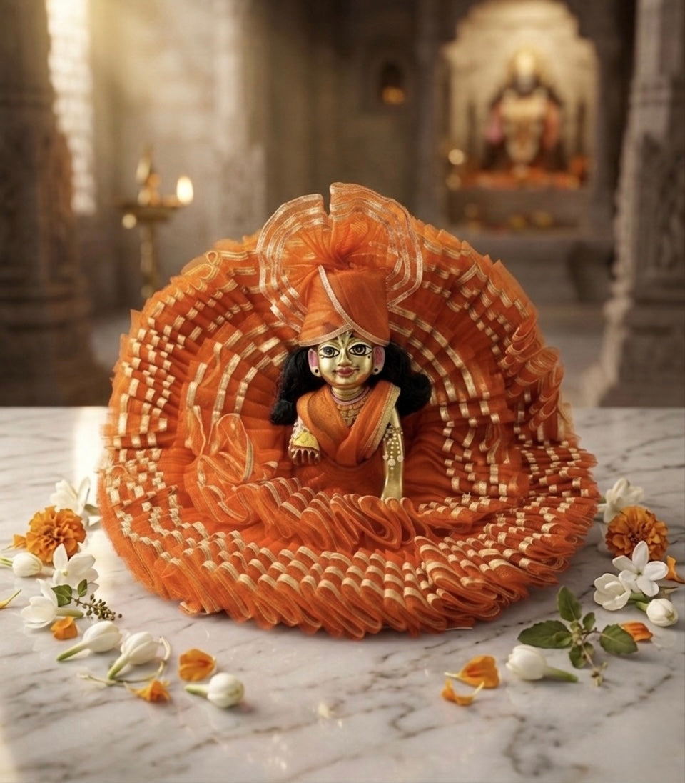 Laddu Gopal Ji Orange Fancy Dress With Pagri – Janmashtami Special Designer Outfit | Handmade Krishna Poshak