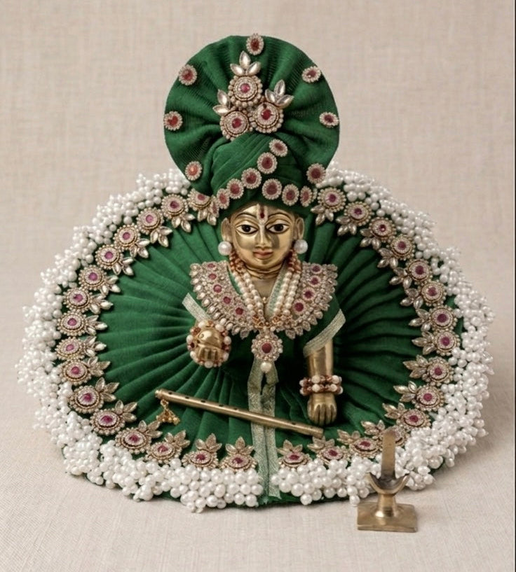 Laddu Gopal Heavy Fancy Green Dress With Pagri – Janmashtami Special Designer Outfit | Handmade Krishna Poshak