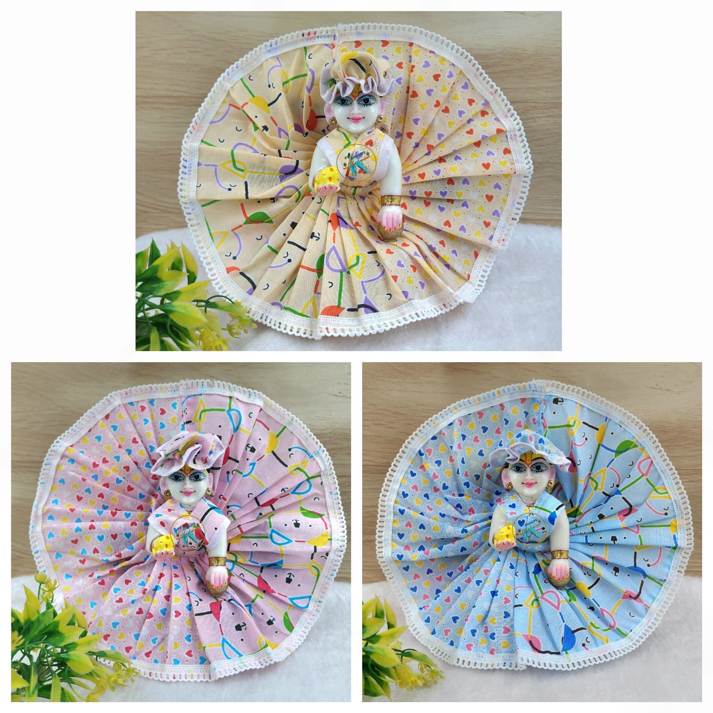 White ribbon double shade cotton dress (pack of 3) for laddu gopal ji Random colour and prints