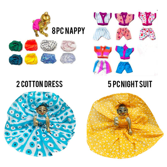 Laddu Gopal Summer Poshak Combo 15 Pc ( 2 Cotton Dress & 5 Night Suit & 8 Blommer ) Print And Color Random (Copy)