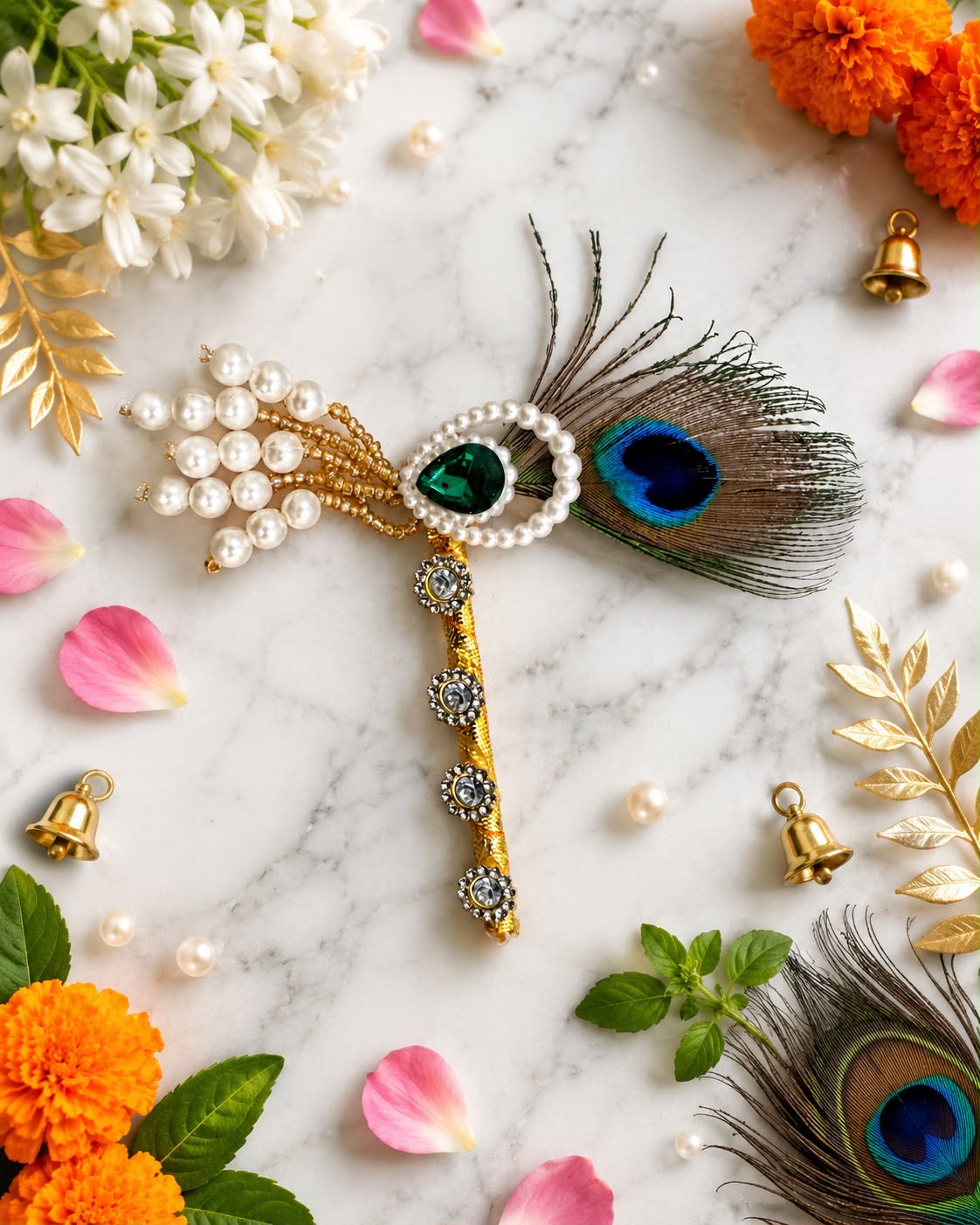 Premium Laddu Gopal Mor Pankh Bansuri with Pearl & Emerald Stone | Krishna Shringar Accessory