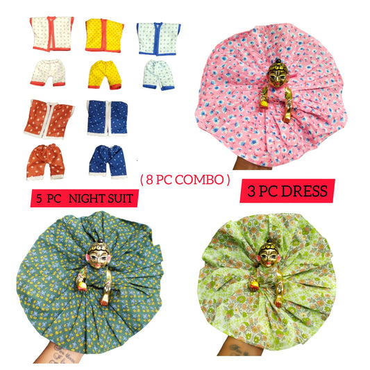 Laddu Gopal Summer Poshak Combo 8 Pc ( 3 Cotton Dress & 5 Night Suit ) Print And Color Random
