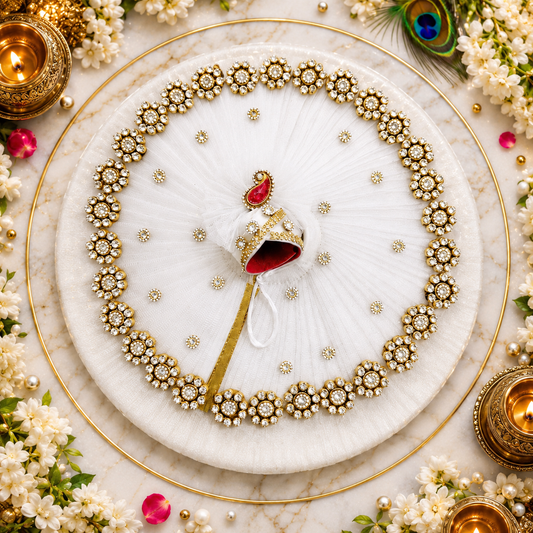 Janmashtami Special White Premium Handmade Laddu Gopal Poshak with Matching Pagri | Stone Work Krishna Dress | Sizes 5–12 Inch
