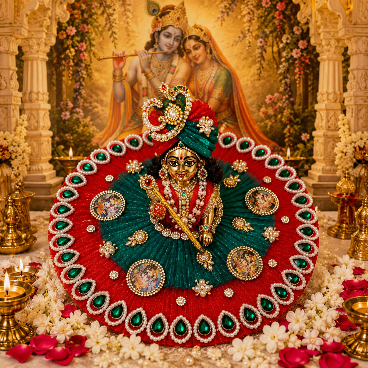 Janmashtami Special Premium Laddu Gopal Dress with Mukut  | Red & Green Handcrafted Poshak