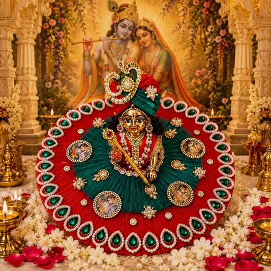 Janmashtami Special Premium Laddu Gopal Dress with Mukut  | Red & Green Handcrafted Poshak