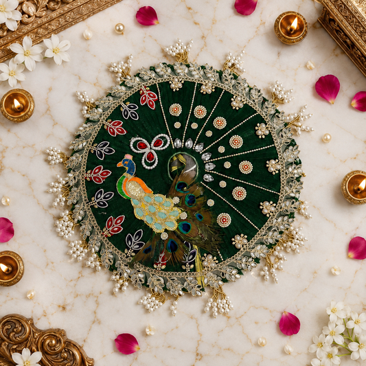 Janmashtami Special Premium Handmade Laddu Gopal Poshak – Dark Green Peacock Embroidered Dress with Matching Pagri
