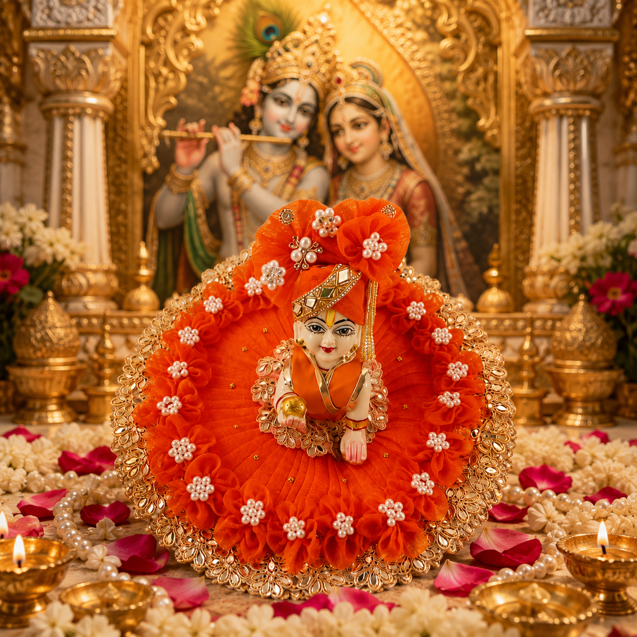 Royal Orange Laddu Gopal Dress – Premium Handcrafted Festive Poshak with Mukut | Janmashtami Special