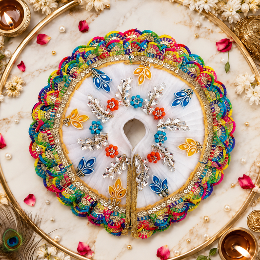 Janmashtami Special Premium Laddu Gopal Designer Circular Dress with Mukut & Stone Work | White Multicolor Poshak