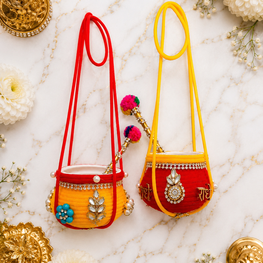 Janmashtami Special Laddu Gopal Matki Set – Pack of 2 | Handmade Decorative Hanging Pots | Red & Yellow