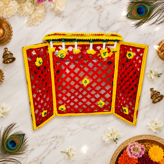 Janmashtami Special Laddu Gopal Phool Bangla Foldable Temple Decoration – Red & Yellow