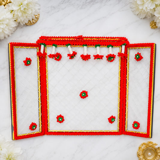 Janmashtami Special Laddu Gopal Phool Bangla Foldable Temple Decoration – 3 Panel Red & Gold