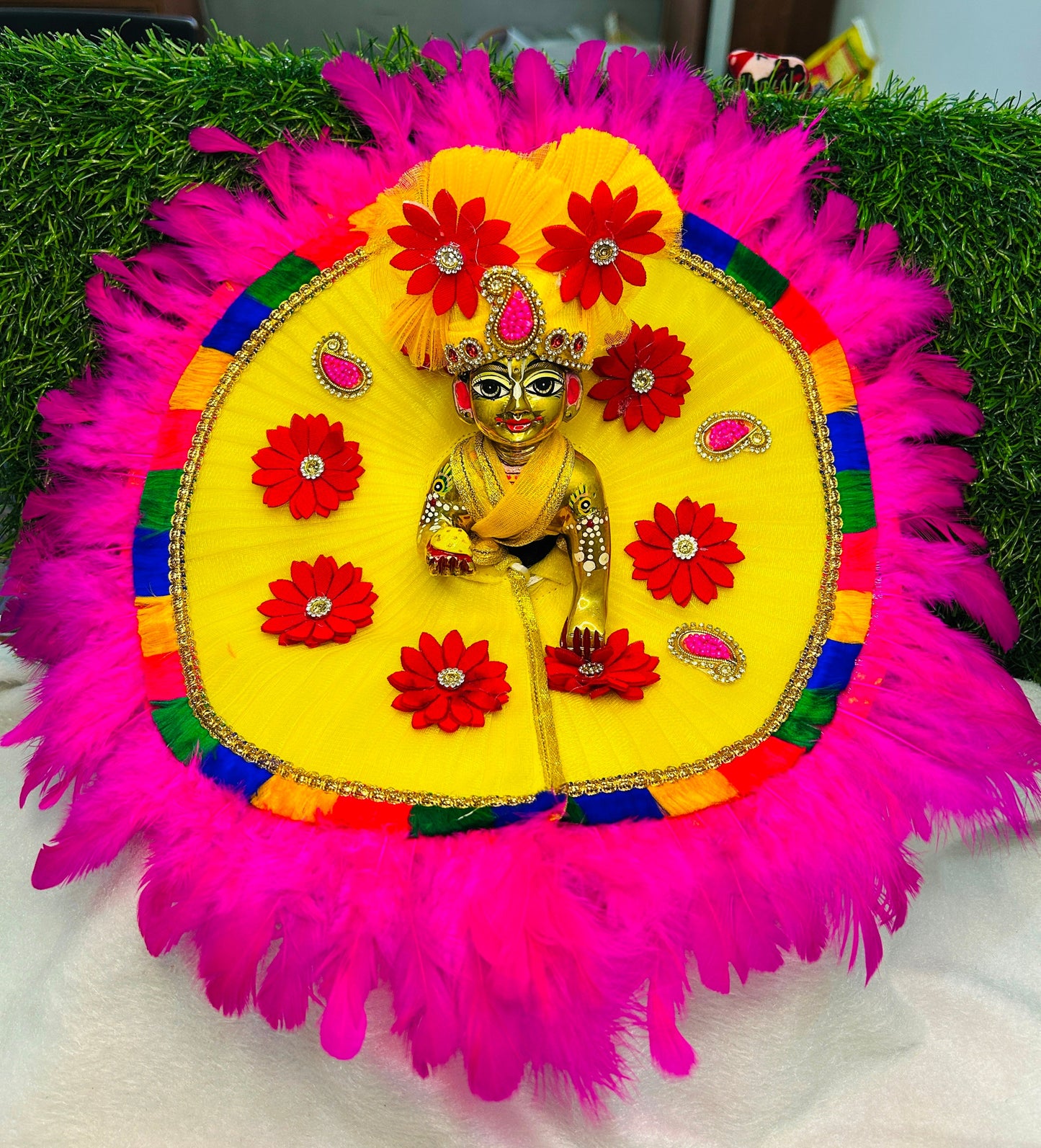 Laddu Gopal Ji Beautiful Yellow Dress With Red Flower With Pagri Festival Special Holi , Janmashtami Special