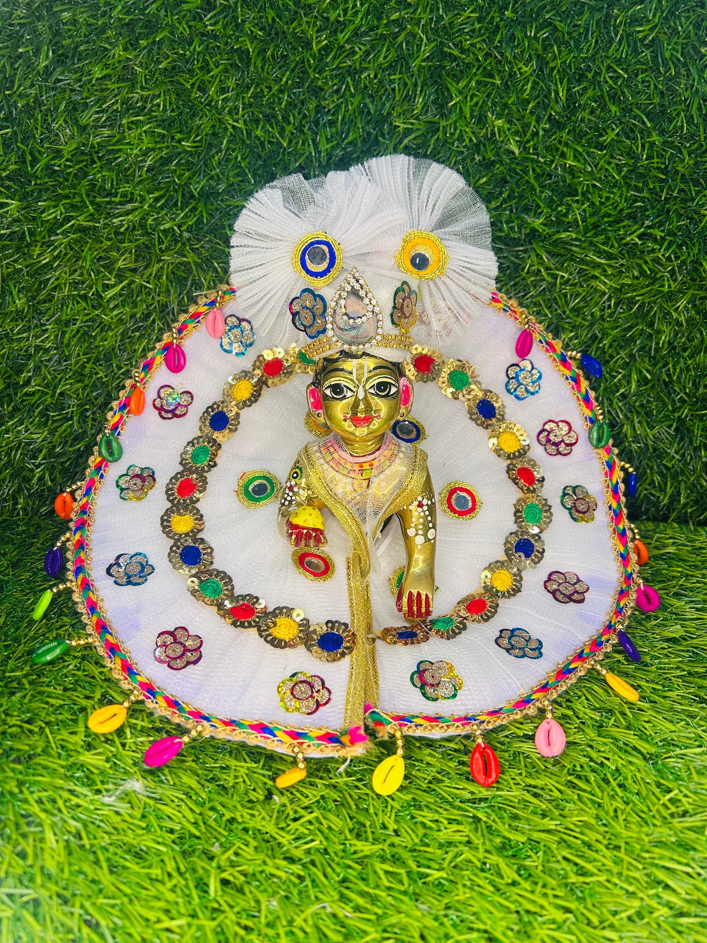 Laddu Gopal Ji Beautiful White Multi Lace Dress With Pagri Festival Special Holi , Janmashtami Special