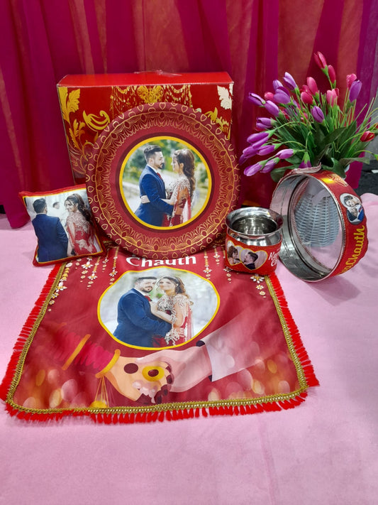 Karwa Chauth photo thali set (5pc) Special Personalized Gift Set – Pillow,Rumal, Pooja Thali ( 5 PC SET )